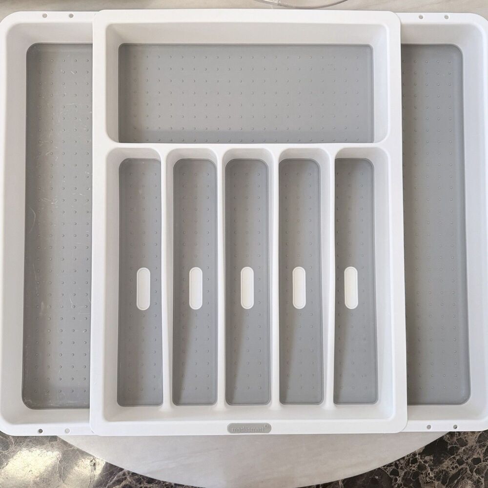 Madesmart Expandable Silverware Organizer White Gray BPA-Free Utensil Tray